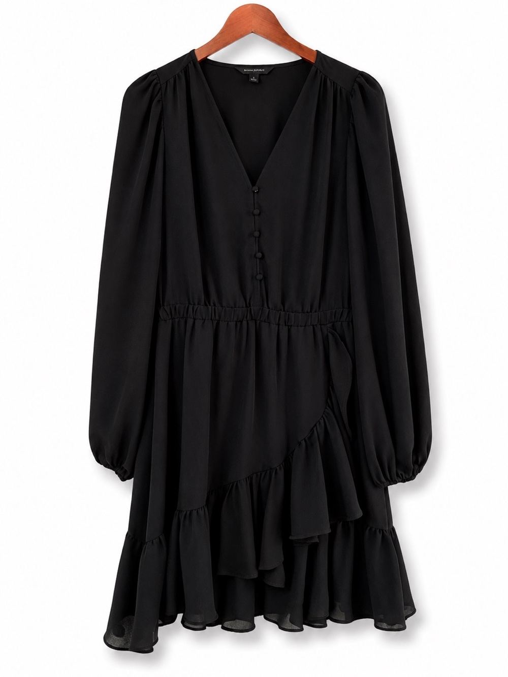 Banana Republic Black Ruffle V-Neck Long Sleeve Dress Size S LBD